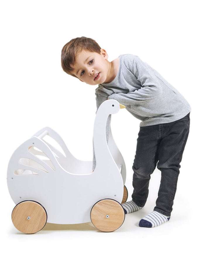 Sweet White Swan Wooden Doll Pram For Children - Lifestyle Image 1