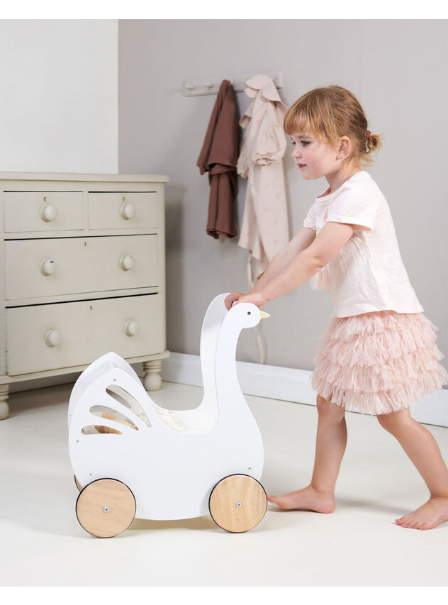 Sweet White Swan Wooden Doll Pram For Children - Lifestyle Image 2
