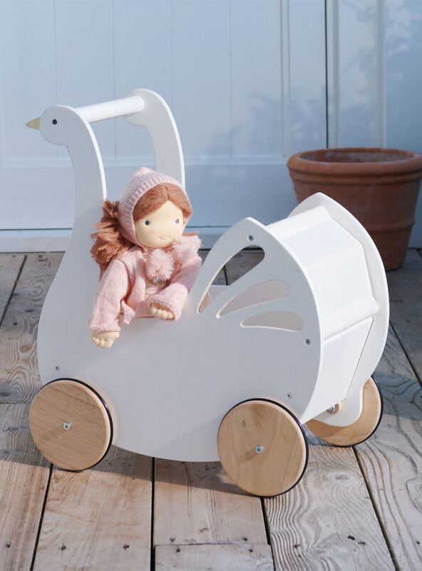 Sweet White Swan Wooden Doll Pram For Children - Lifestyle Image 4