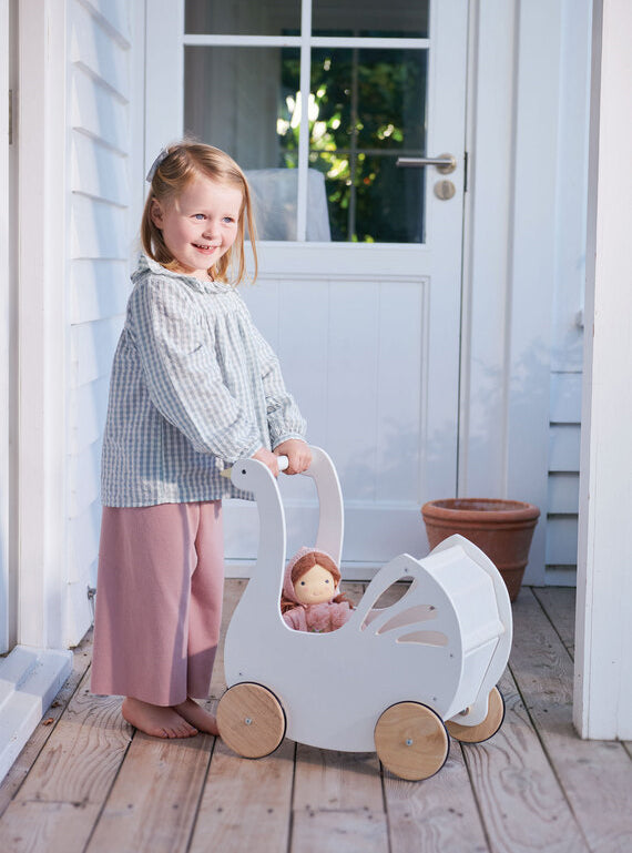 Sweet White Swan Wooden Doll Pram For Children - Lifestyle Image 5