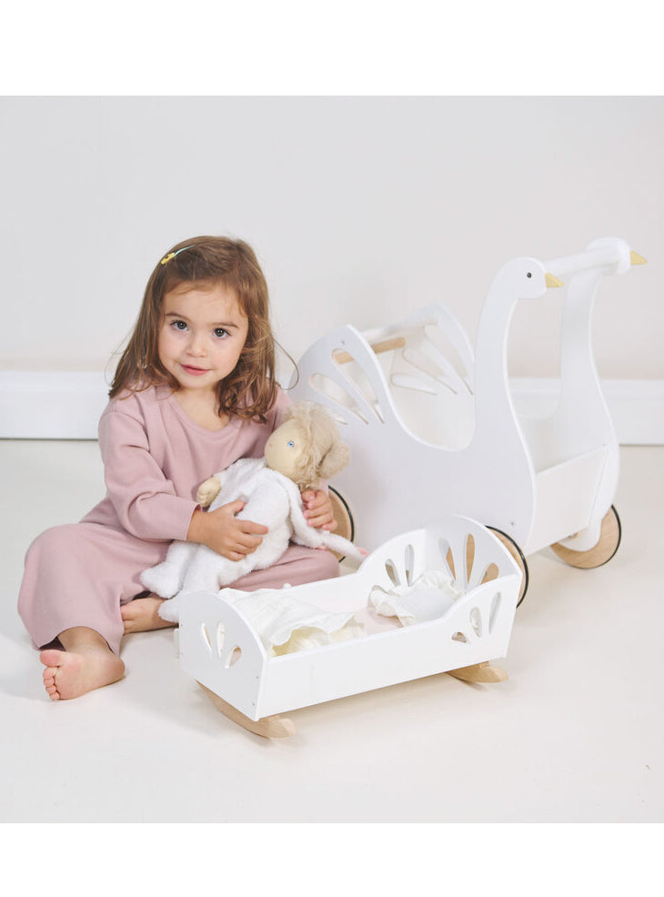 Sweet White Swan Wooden Doll Pram For Children - Lifestyle Image 6