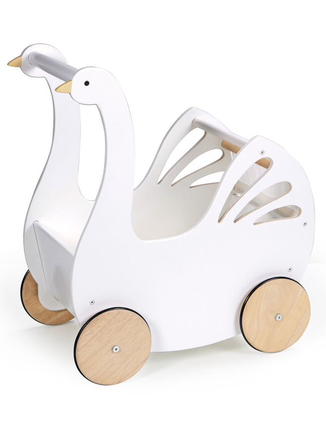 Sweet White Swan Wooden Doll Pram For Children - Main Image