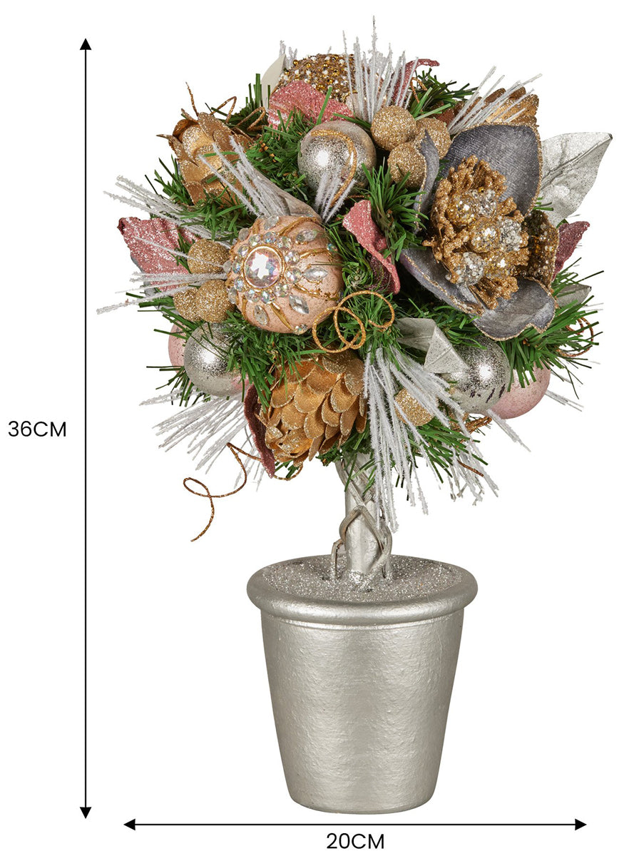 Tabletop 36cm Potted Topiary Tree with Pink Decorations - Dimensions Image