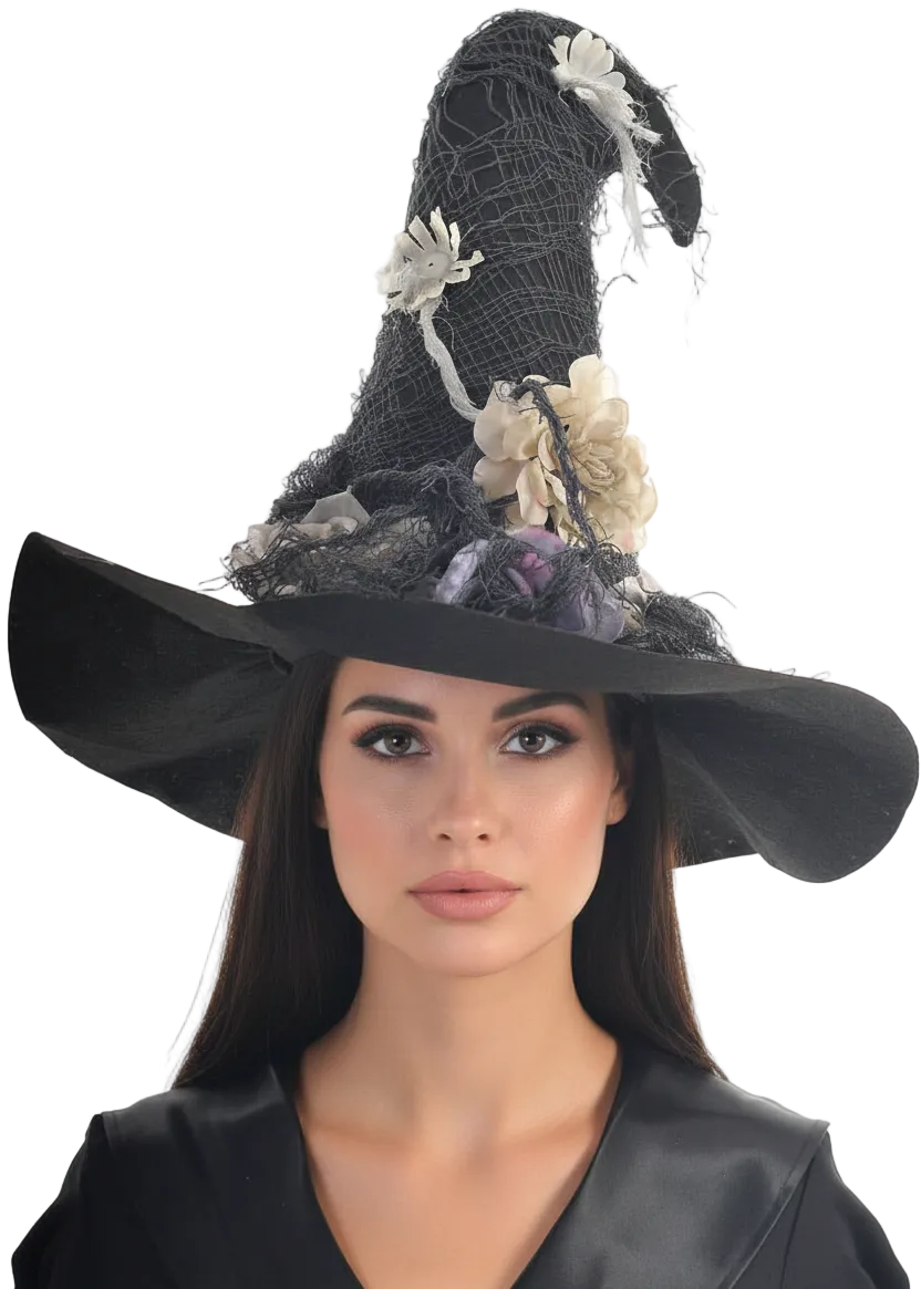 Tattered Black Felt Witch Hat with Purple Flower Embellishments - Main Image