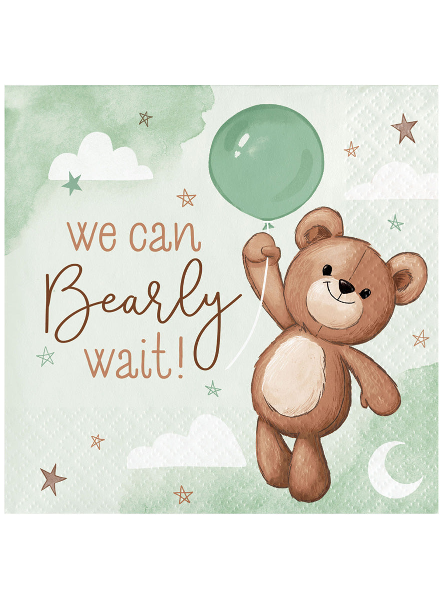 Teddy Bear We Can Bearly Wait Green 16 Pack Baby Shower Lunch Napkins - Main Image