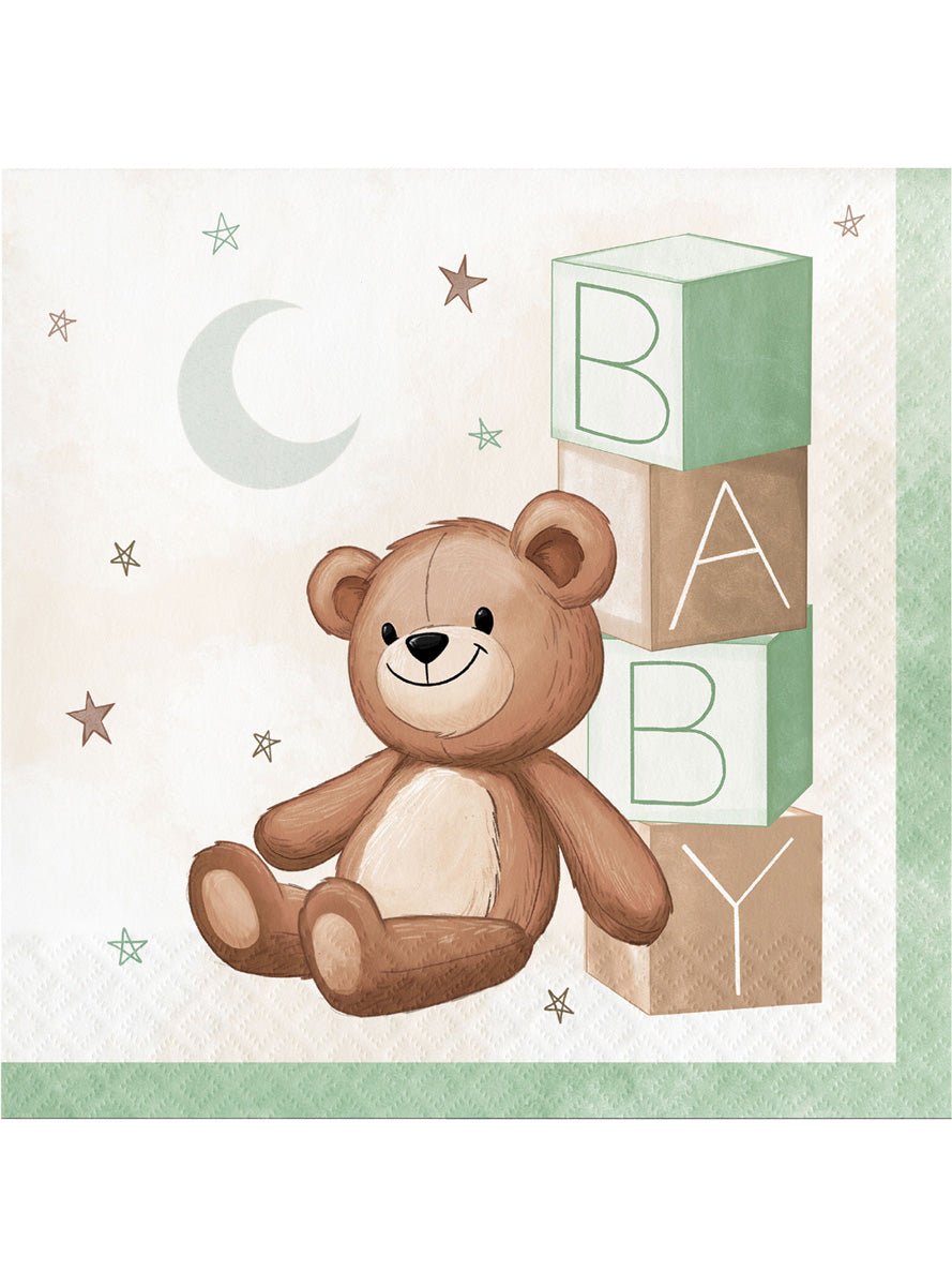 Teddy Bear Baby Shower Green 16 Pack Lunch Napkins - Main Image