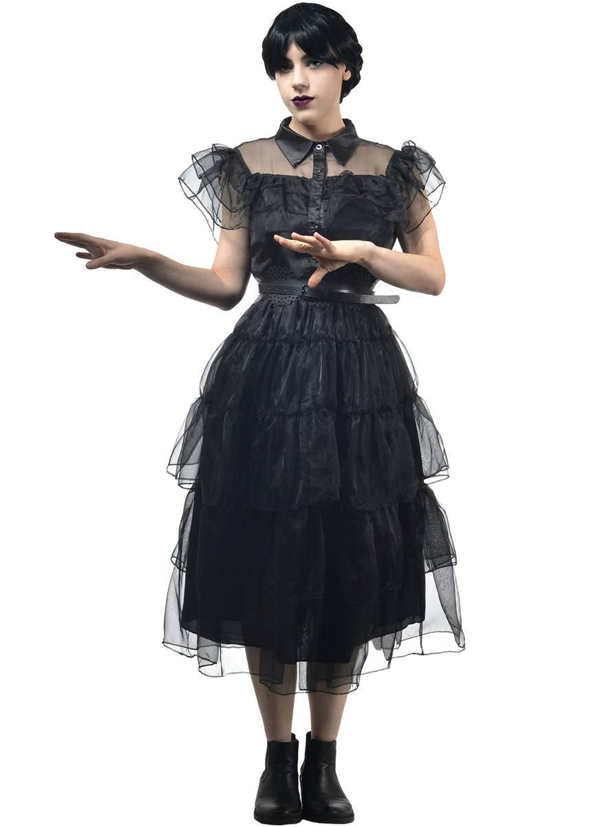 Image of Deluxe Teen Girl's Wednesday Addams Party Dress Costume - Front View
