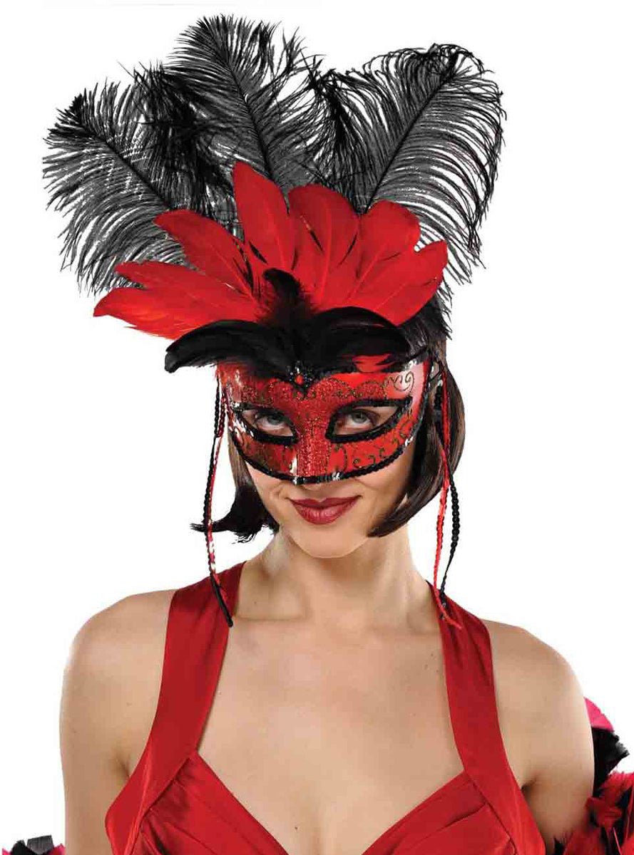 Red and Black Feather Masquerade Mask for Women