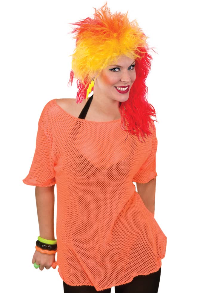 Womens Neon Orange Fishnet 80s Crop Top