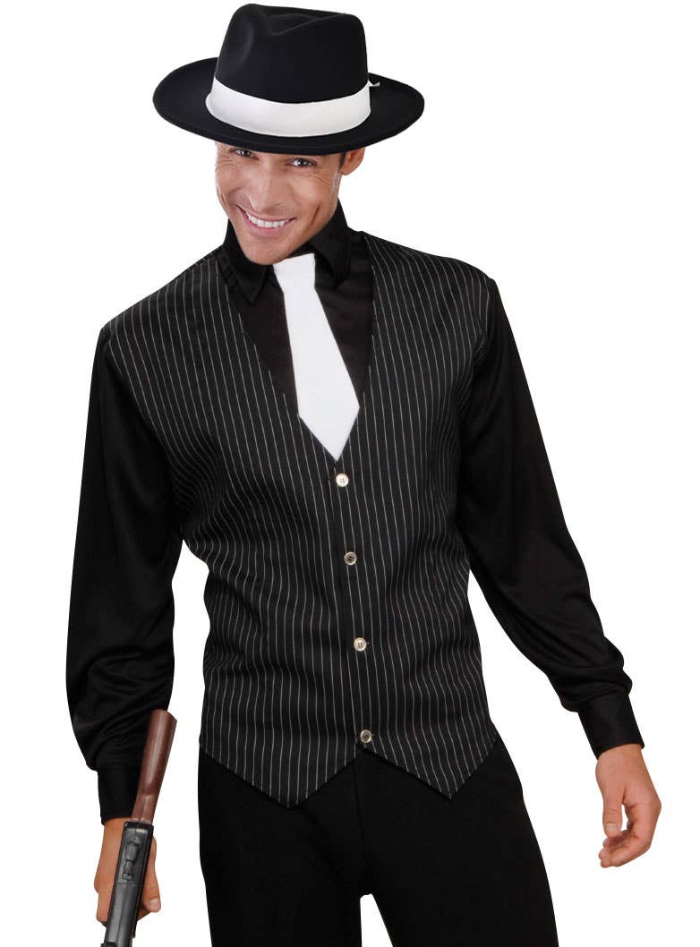 Black and White Pinstripe Gangster Shirt for Men Main Image