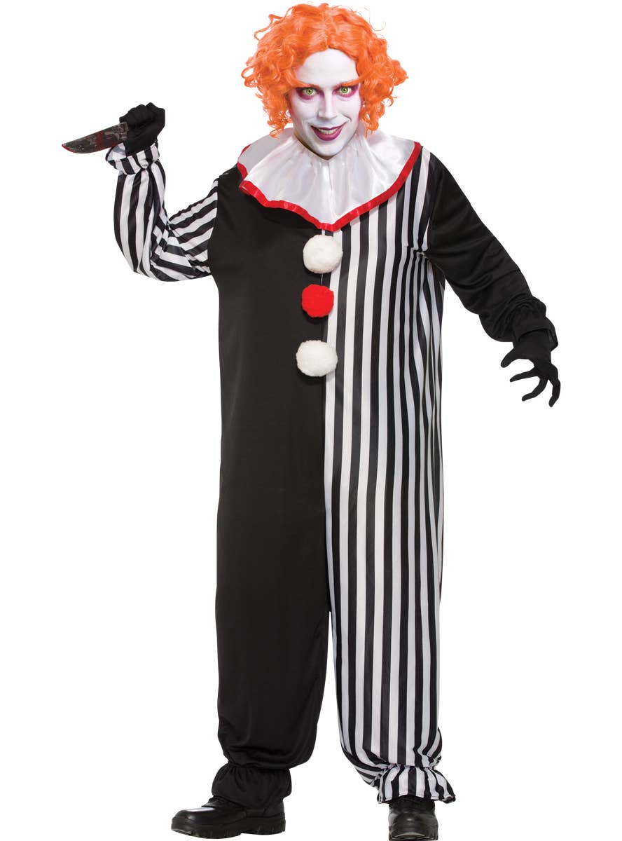 Black and White Striped Scary Clown Halloween Costume for Men