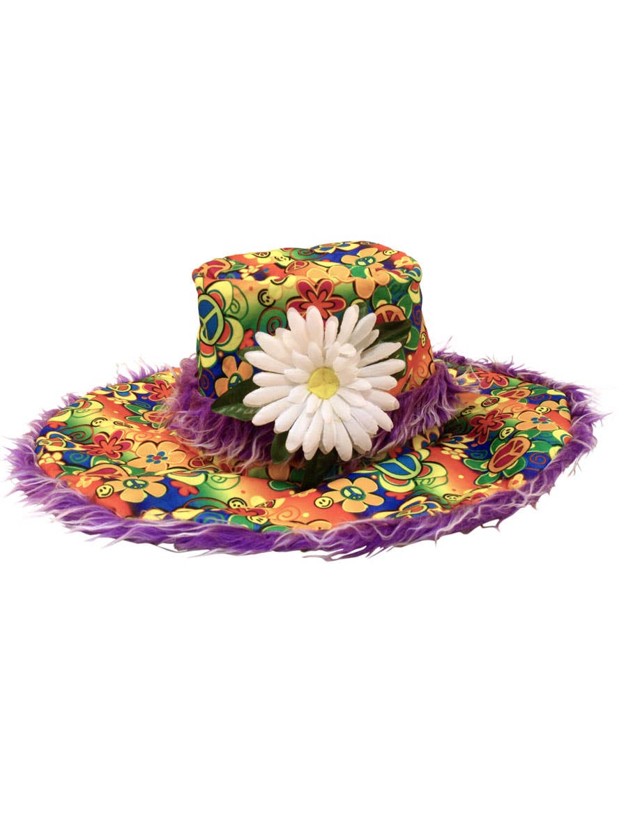Rainbow Flower Hippie Hat with Fur Trim