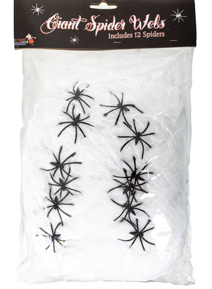 Stretchy White Spider Web Halloween Decoration with 12 Plastic Spiders - Main Image