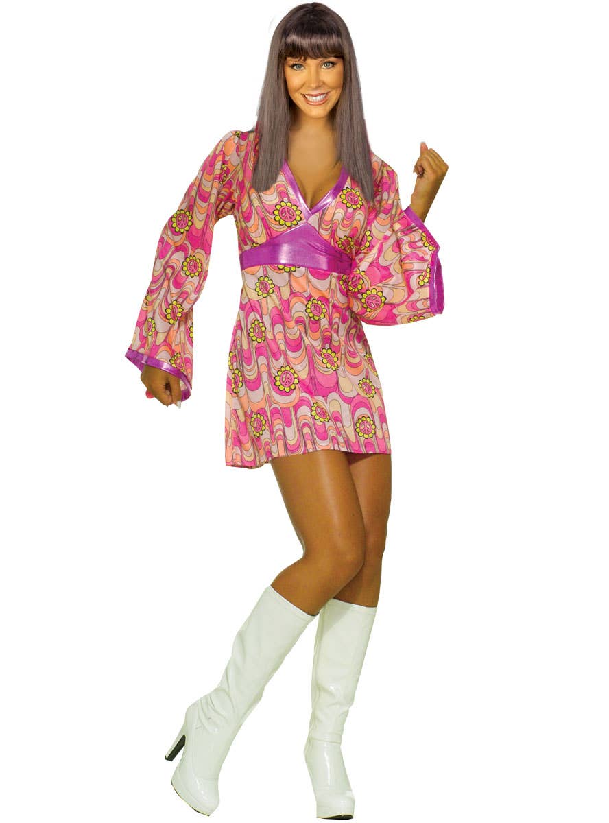 Pink Flower Power Hippie 70s Costume for Women - Main Image