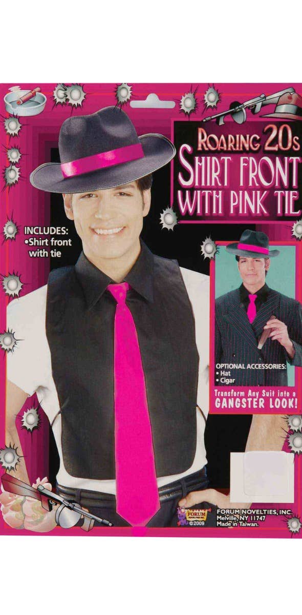 Mens 1920s Gangster Black Shirt Front with Hot Pink Tie - Main Image