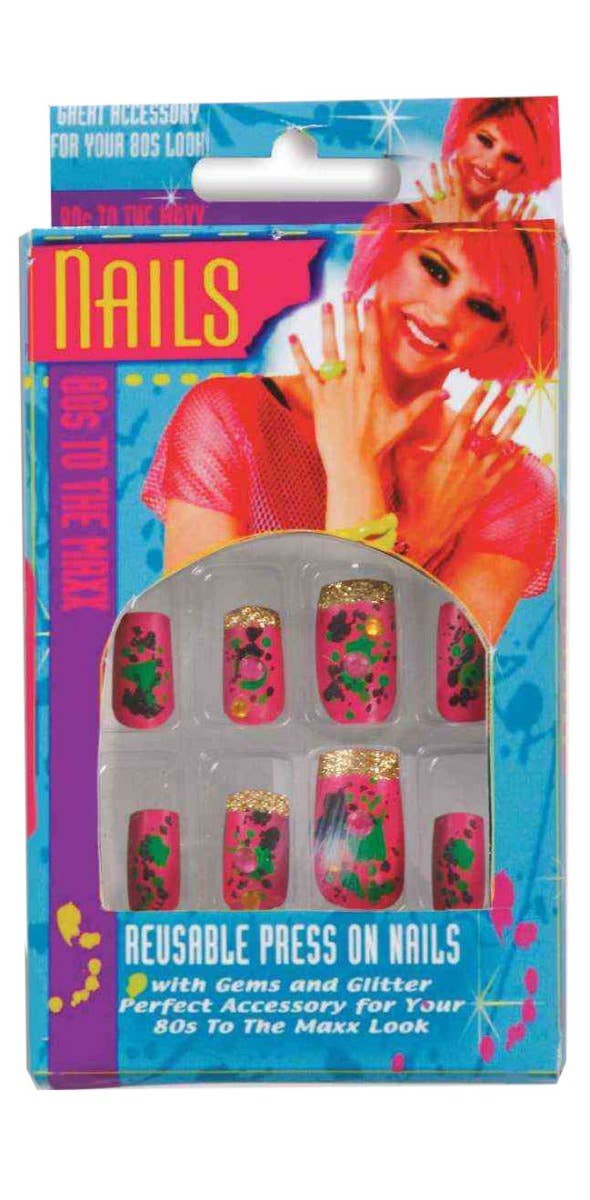 1980's Colourful Fake Press On Nails with Gems and Glitter Tips