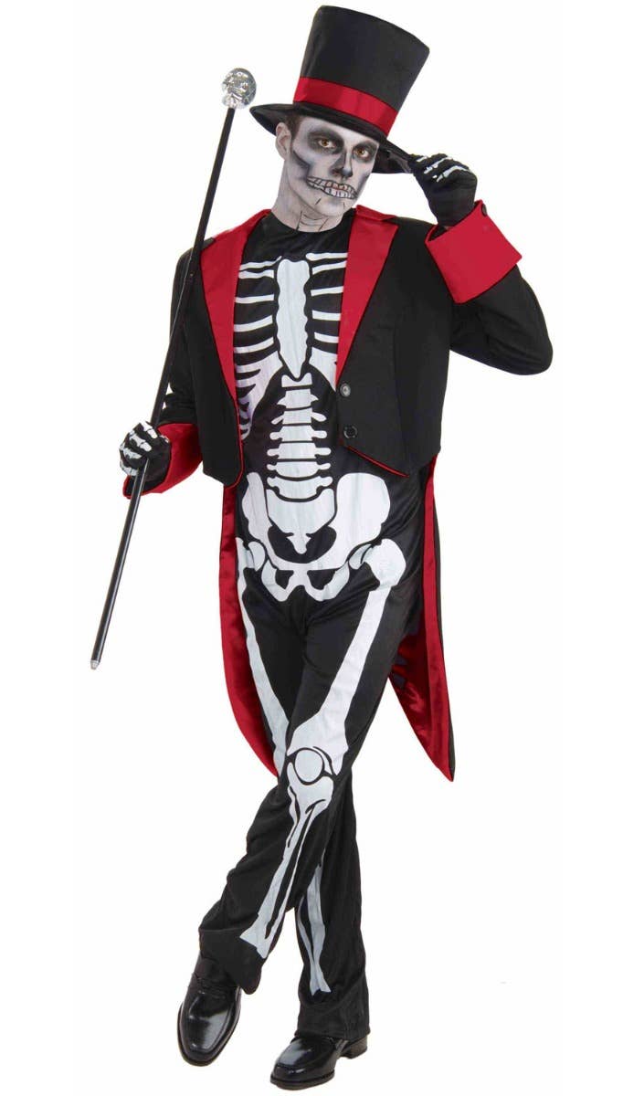 Men's Mr Bone Jangles Black and Red Skeleton Suit Halloween Costume Main Image