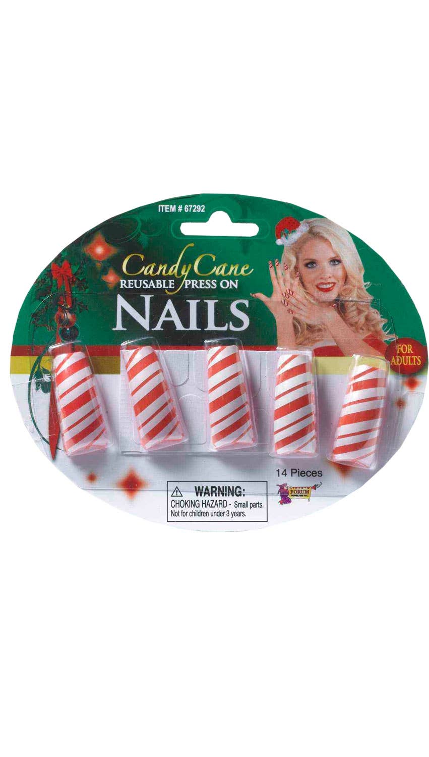 Candy Cane Red And White Striped Stick On Fake Nails Women's Costume Accessory Main Image