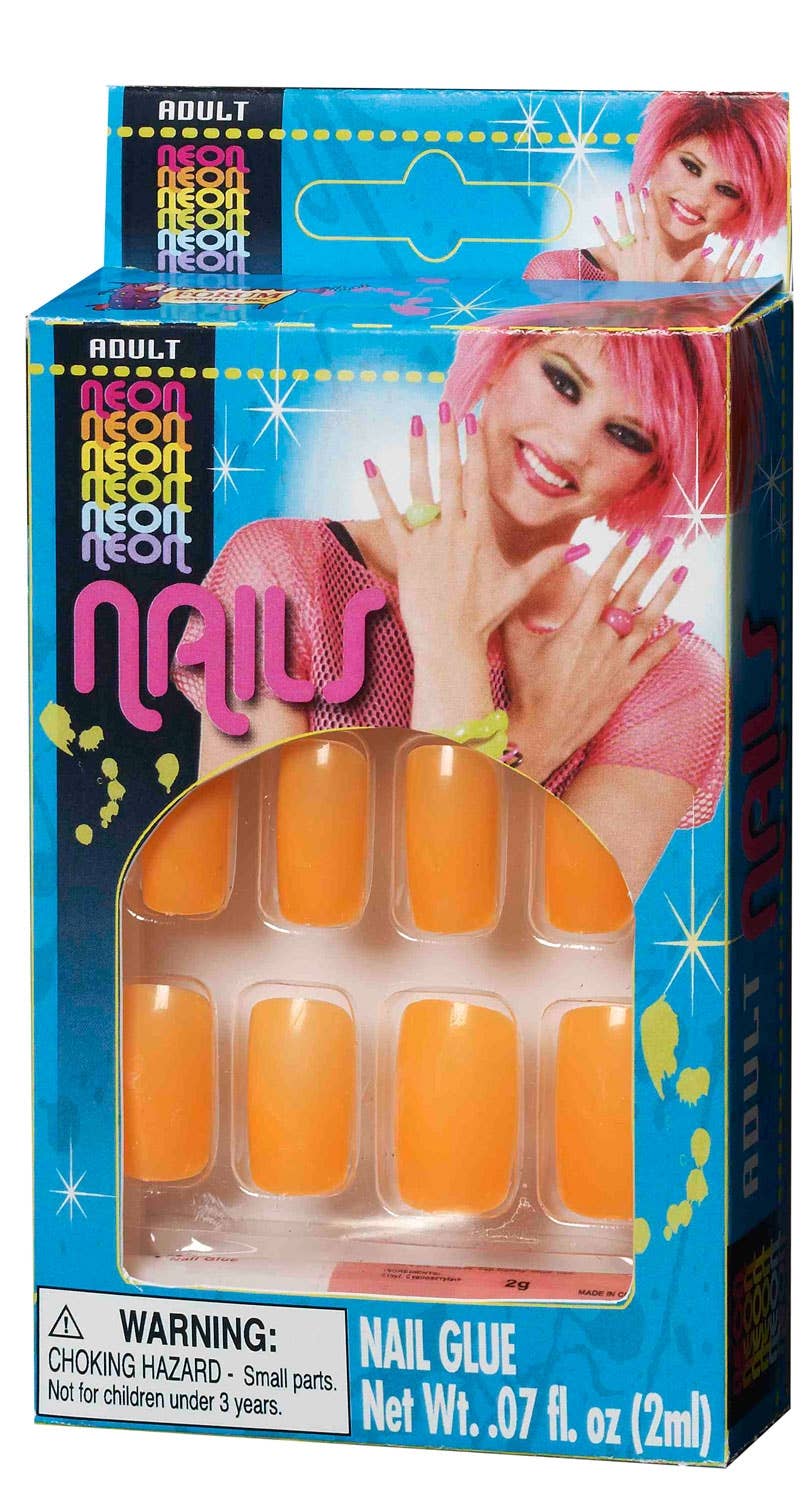 80's Neon Orange Women's Stick On Finger Nails Costume Accessory Main Image