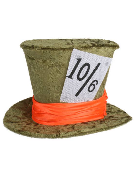 Deluxe Mini Green Mad Hatter Costume Top Hat with Orange Hat Band and 10/6 Card