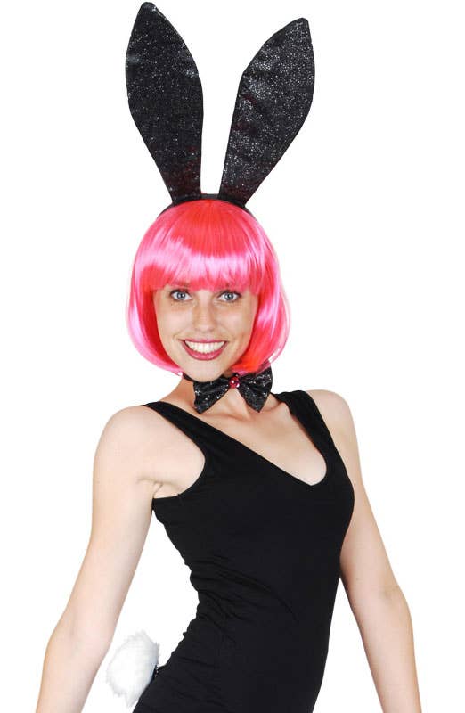 Black Glitter Bunny Costume Accessory Set with Ears, Bow Tie and Tail