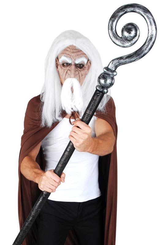 Long Collapsible Curled Silver Wizard Staff Costume Accessory