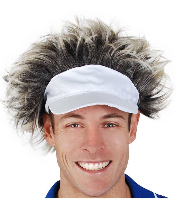 Brown Tennis Player Costume Wig with Blonde Tips and Attached White Sun Visor Hat