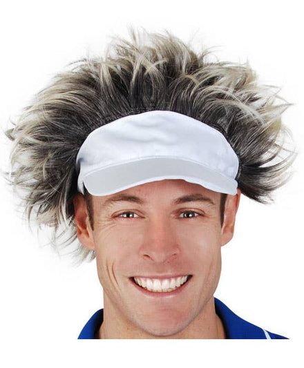 Brown Tennis Player Costume Wig with Blonde Tips and Attached White Sun Visor Hat
