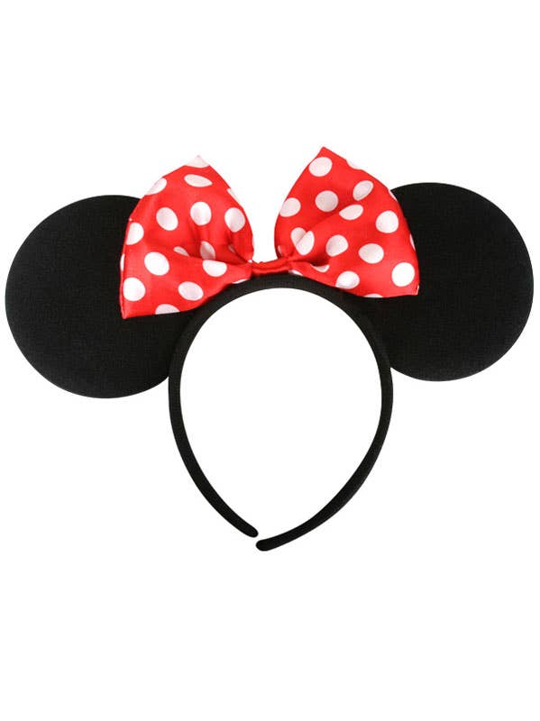 Plush Black Foam Minnie Mouse Ears Costume Headband with Red and White Polka Dot Bow