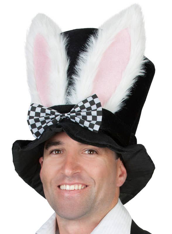 Plush Black Costume Top Hat with Attached White and Pink Bunny Ears and a Black and White Chequered Bow Tie Hat Band
