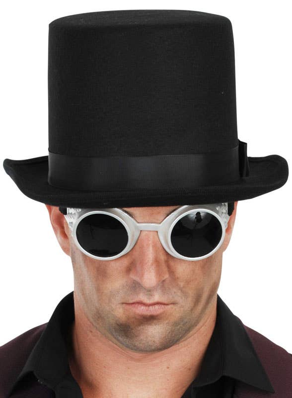 Black Steampunk Costume Top Hat with Silver Goggles - Main View