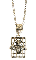 Halloween Skeleton Trapped in a Cage Brass Costume Necklace