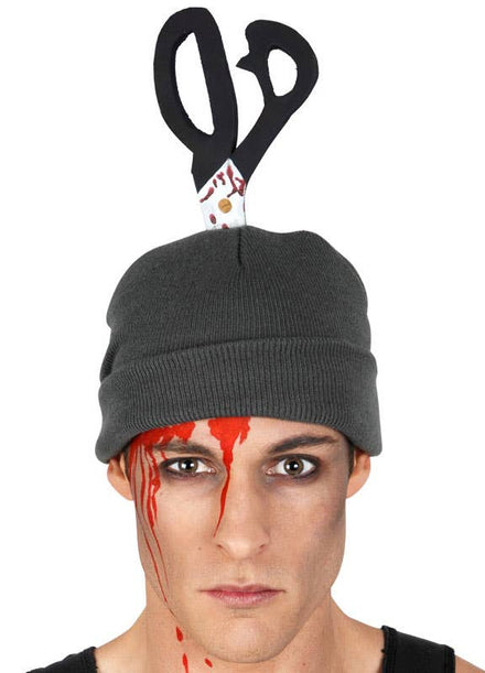 Grey Beanie with Bloody Foam Scissors Halloween Costume Hat - Main View