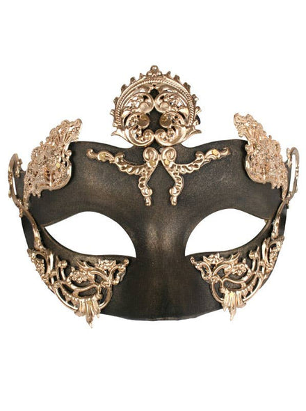 Men's Gold and Black Masquerade Mask With Metal Swirls
