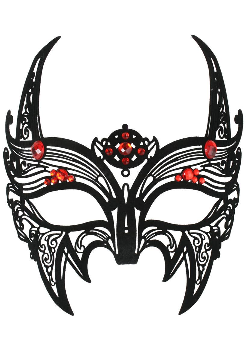 Flocked Black Filigree Devil Women's Masquerade Mask with Red Gems View 1