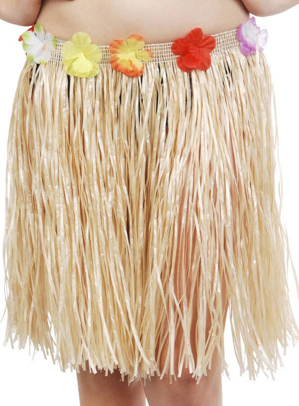 Short Straw Hawaiian Hula Costume Skirt with Rainbow Flower Waistband