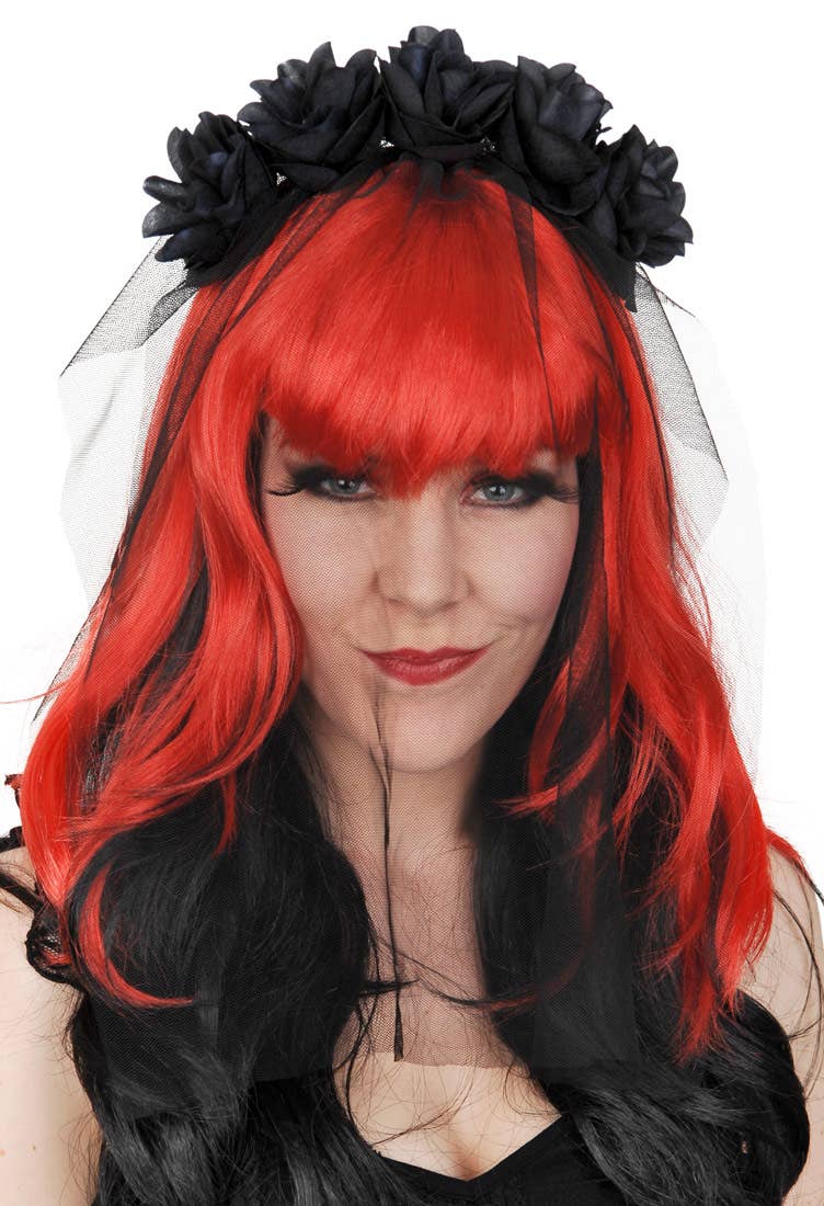 Black Flower Headband With Attached Black Mesh Veil