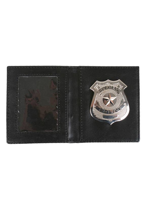 Silver Metal Special Police Costume Badge in Black Faux Leather Wallet