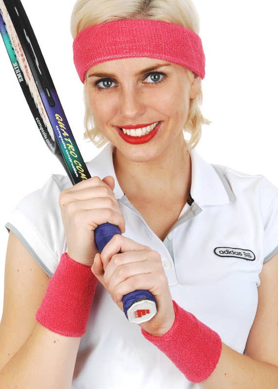 Hot Pink Terry Towelling Tennis Player Costume Headband and Wristbands