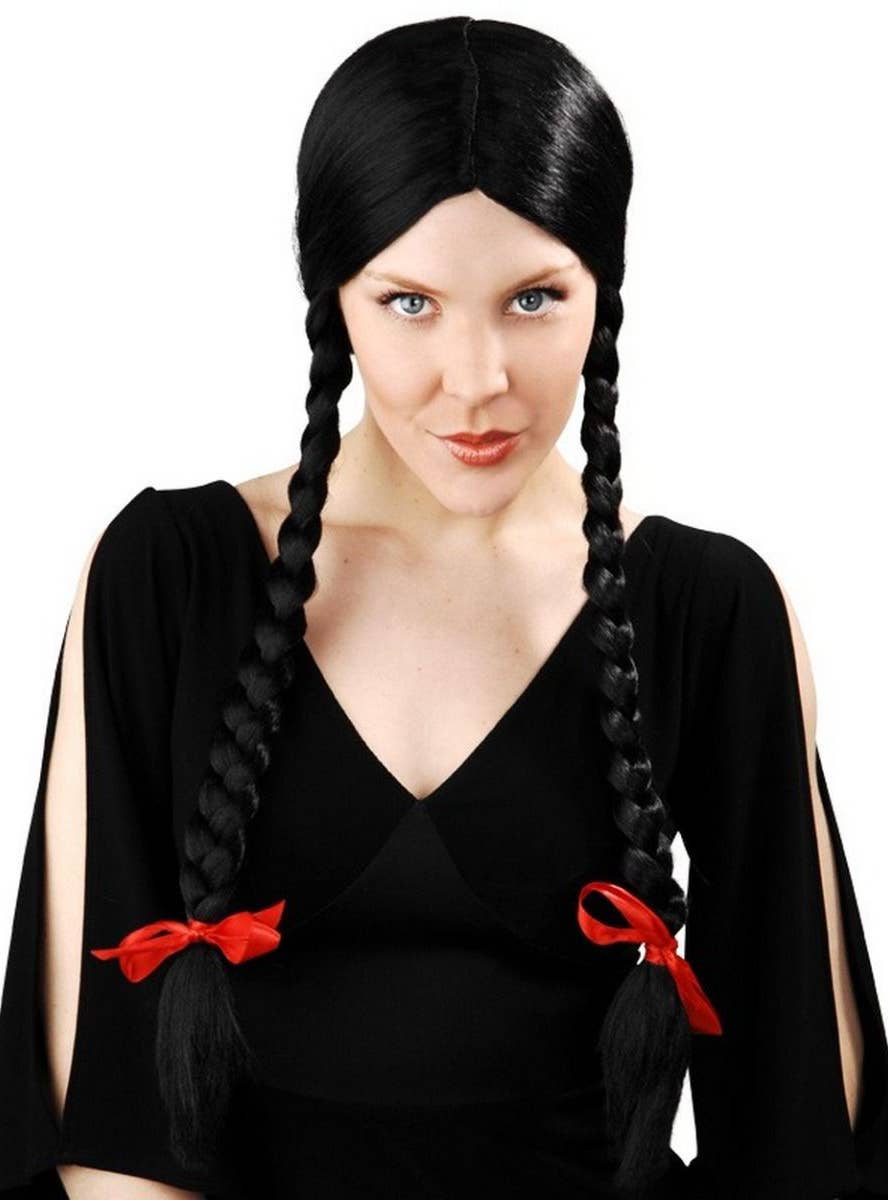 Black Plaited Wednesday Addams Costume Wig With Red Ribbons