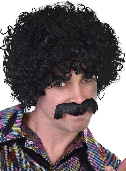 Mens 1970s Black Afro Wig and Moustache Costume Accessory Set - Main Image