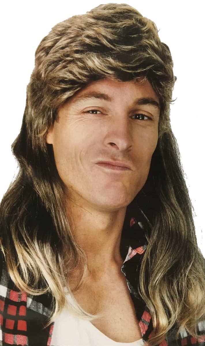 Men's Long Brown with Blonde Highlights Mullet 80s Costume Accessory Wig - Main Image