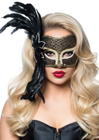 Women's Gold Side Feather Masquerade Mask - Main Image