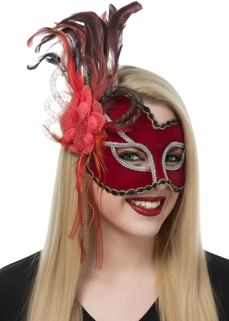 Red Velvet Masquerade Mask With Side Feathers - Main Image