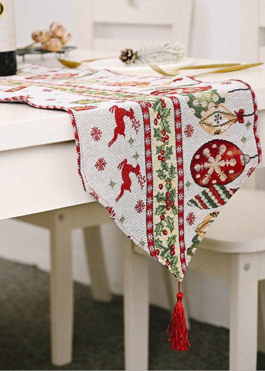 Christmas Table Runner Decoration with Printed Reindeer and Baubles