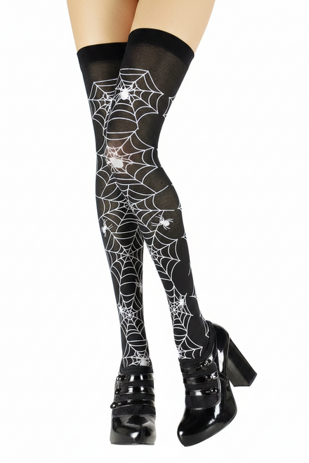 Image of Thigh High Black and White Spider Web Halloween Stockings - main image