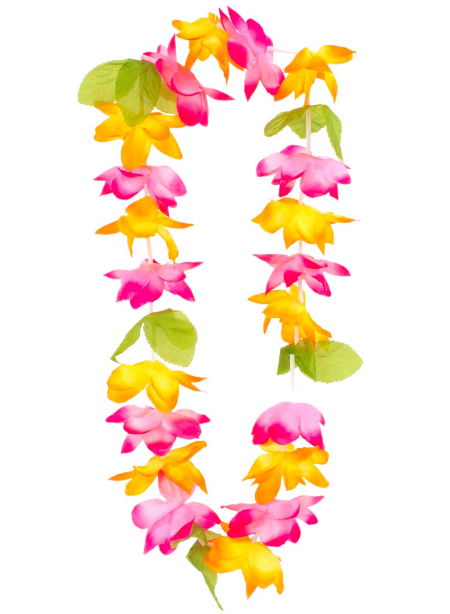 Hawaiian Pink and Orange Lei with Green Leaves
