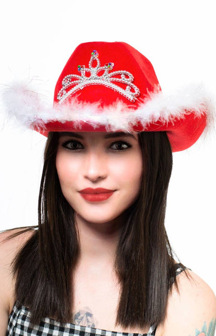 Red And White Women's Cowboy Hat With Attached Silver Tiara With Diamantes And Light Up Feature Main Image 
