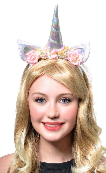 Holographic Floral Unicorn Headband with Pastel Net Veil - Main Image