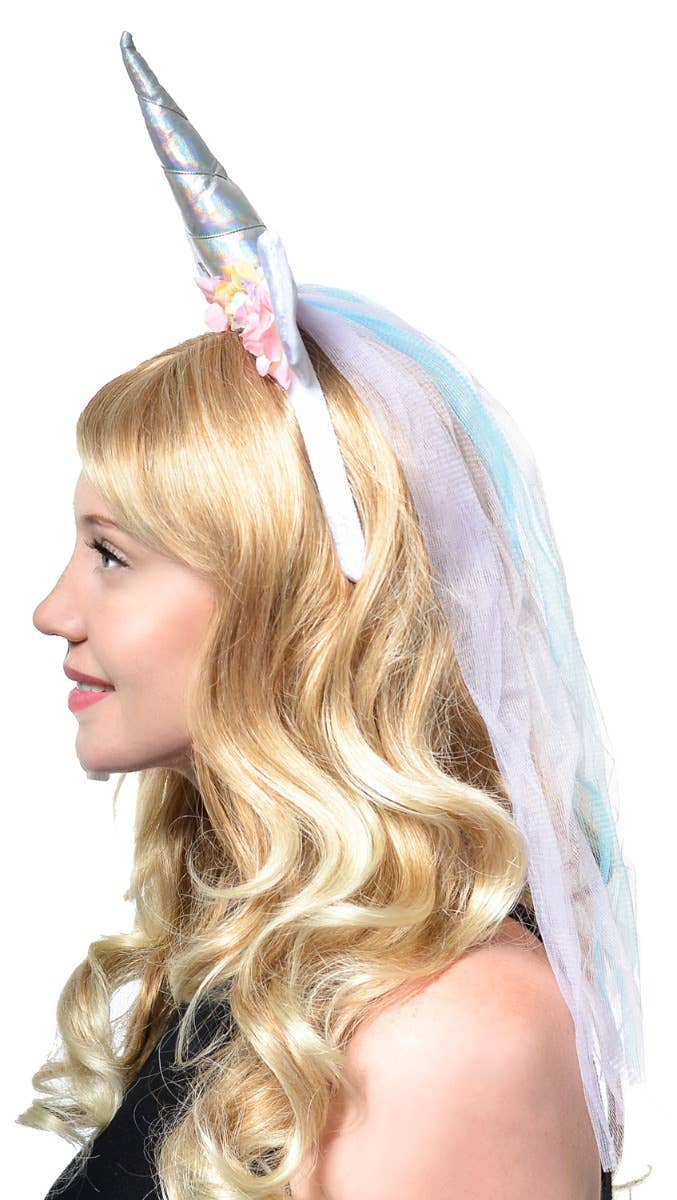 Holographic Floral Unicorn Headband with Pastel Net Veil - Side Image
